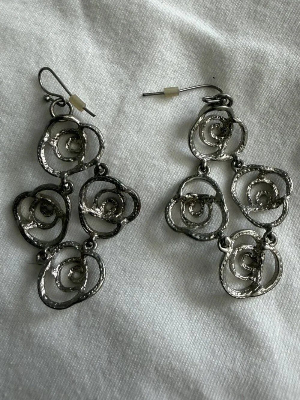 Silver Tone Rose Cluster Chandelier Drop Earrings